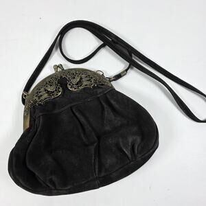 Vintage German Tuefel Suede Leather Handbag Purse Evening Elegant Black Kisslock